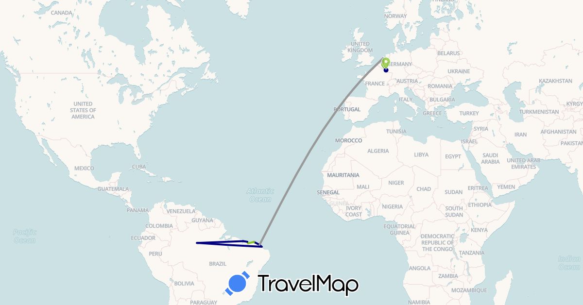 TravelMap itinerary: driving, plane, electric vehicle in Belgium, Brazil, Netherlands (Europe, South America)